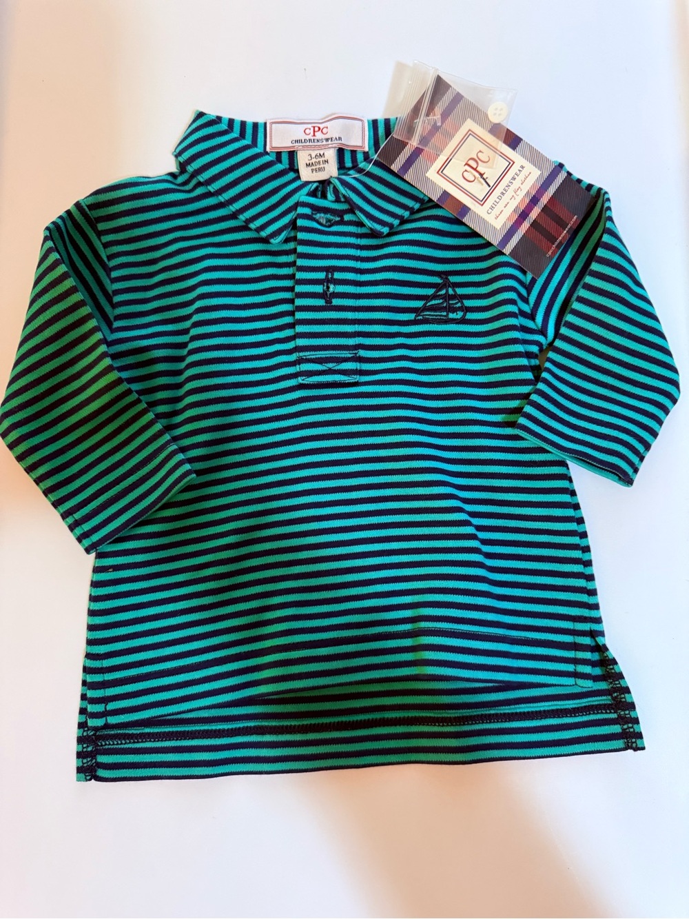 Kids Long-Sleeve Striped Polo Shirt in Teal & Black